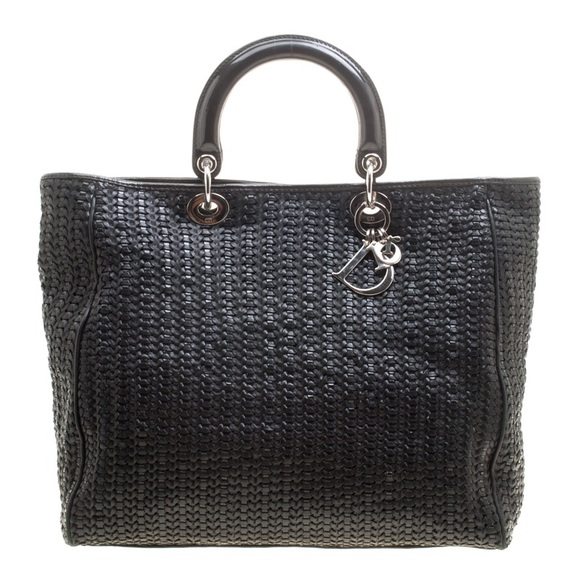 Dior Vintage Lady Dior black Woven leather tote with Dior logo charm Y2K - Picture 1 of 17